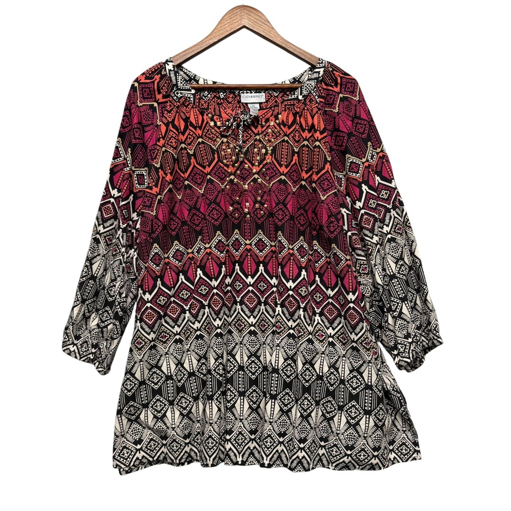 Women's 3X Peasant Tunic Top Multicolor Geometric Boho Hippie Prairie Tribal